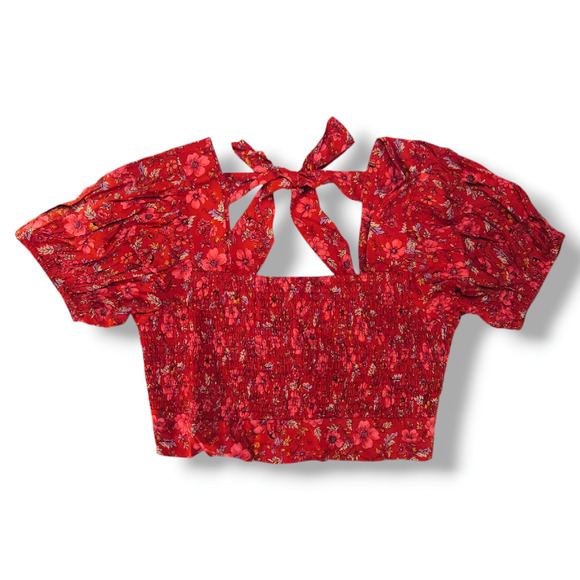 NWT Band of the Free Joelle Floral Smocked Crop Top Sz. L [12] Crimson Pink - Picture 2 of 10